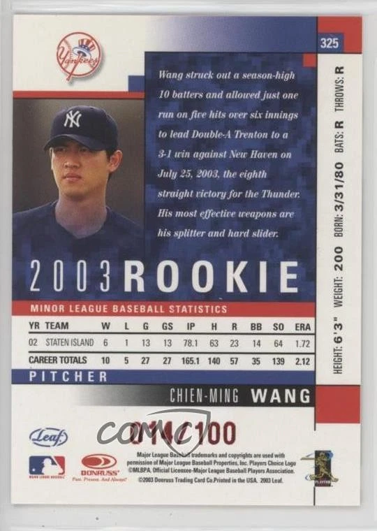 2003 Leaf Press Proof Red /100 Chien-Ming Wang #325 Rookie RC - Image 2 of 2