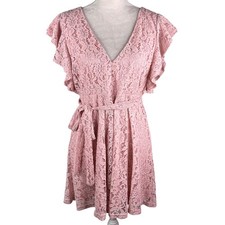 Boohoo Lace Ruffle Sleeve Skater Dress Blush 14 New