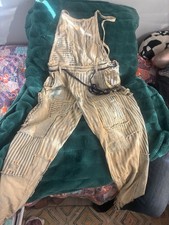 We The Free THIRT-ONE Striped Patchwork Cotton Overalls Jumpsuit Beige Blue