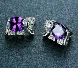 Authentic 1.50 Ct Oval Lab Created Amethyst Elephant Stud Earrings 14K White Gold Plated