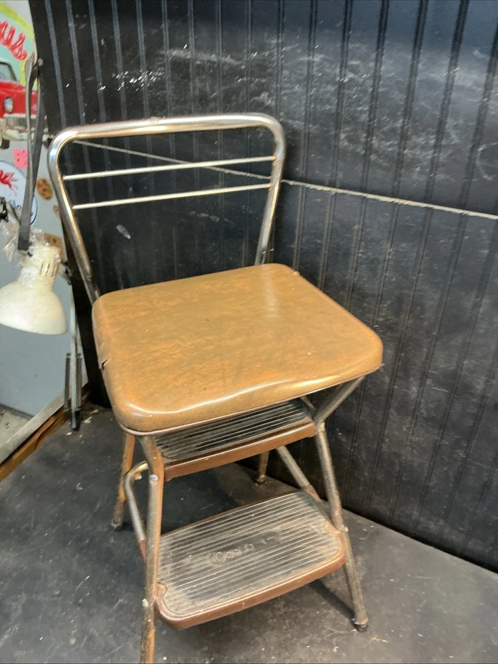 Mid Century Cosco Retro Style Farmhouse Counter Chair/Step Stool Chrome Tan - Image 2 of 4