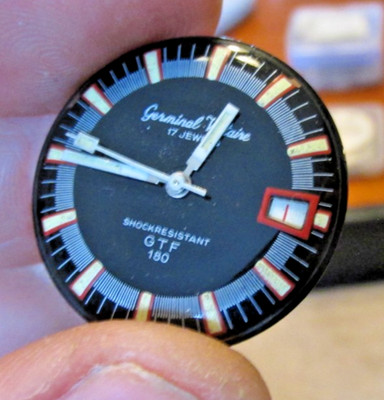 VTG Germinal Voltaire GTF 180, 17 Jewel Mens Watch BLACK & RED DIAL & MOVEMENT
