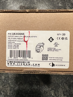 Siemon-  U6-K05NS Cat 6 RJ 45 Jacks- NEW  Box Of 20- Yellow 