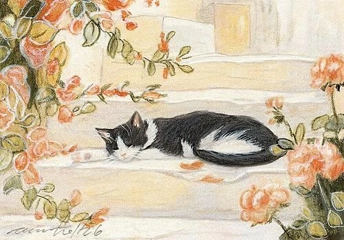 ACEO orig. pastel drawing sleeping tuxedo cat with flowers by Anna Hoff Germany