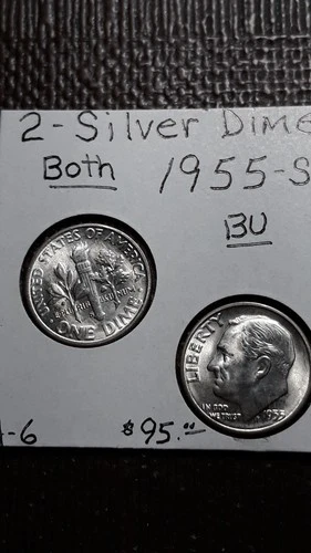 2  Silver Dimes BU Luster   Both 1955-S   Roosevelt  Dimes  Lot A-6