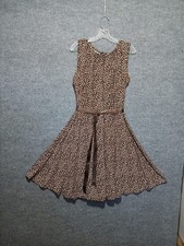 Forever Pitete XL  Brown Beige Dots Stretch Fit & Flare Dress Pleated Sleeveless