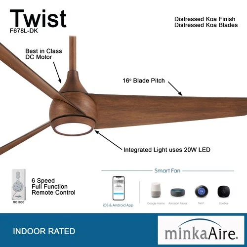 Minka Aire Twist 52" Ceiling Fan - Distressed Koa 3-Blade Remote Control - Picture 5 of 5