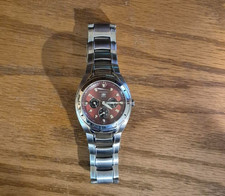 Fossil Blue BQ-9188 Red Dial Day Date Watch Stainless Steel 100M New Battery