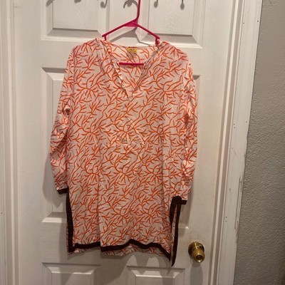 Roberta Roller Rabbit Tunic Top Women's L White Orange Coral Print Cotton