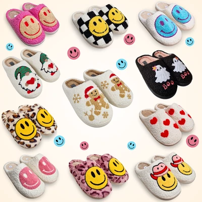 BARABOO Ladies Mule Warm Slippers Fluffy Cushioned Novelty Happy Face Lined Xmas Gift