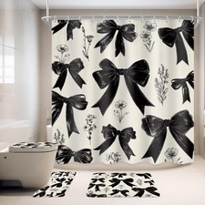 4 PCS Black Bow Shower Curtain Sets 72Wx72H Inch Girl Kid Coquette Floral Bat...