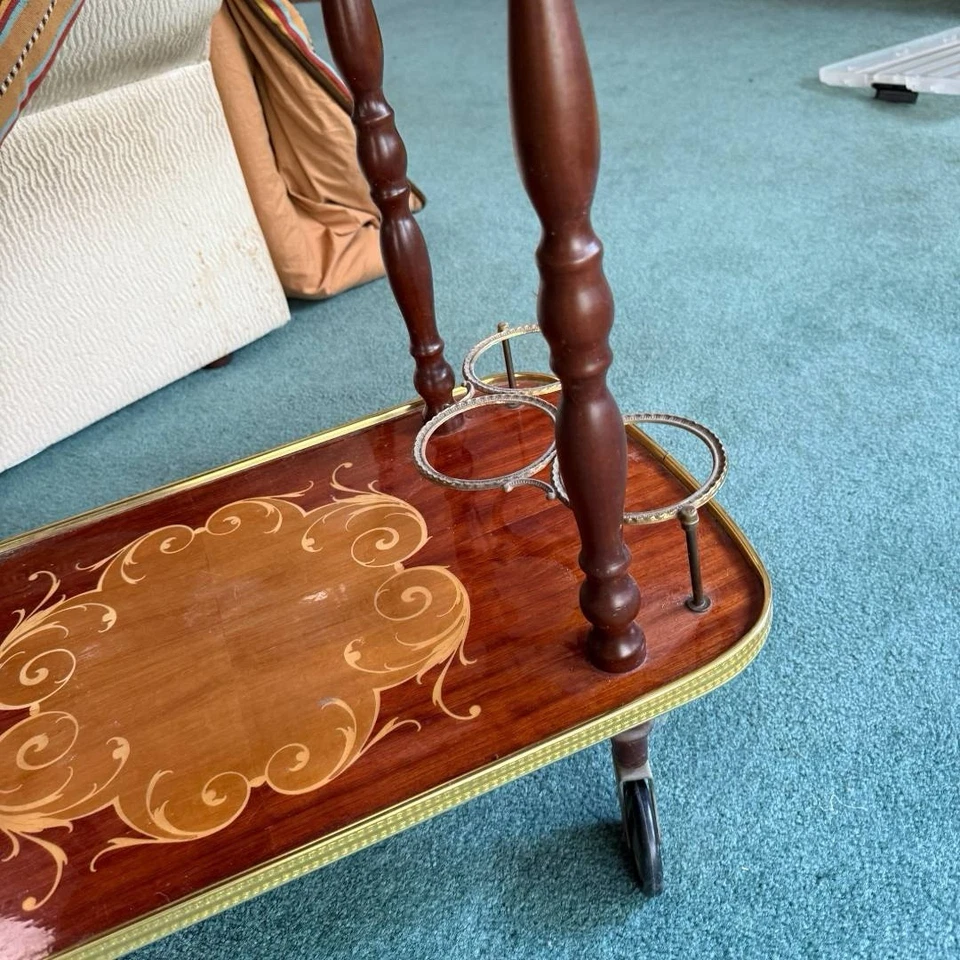 Vintage Italian Marquetry & Brass Drop Leaf Tea/Bar Cart - Image 3 of 4