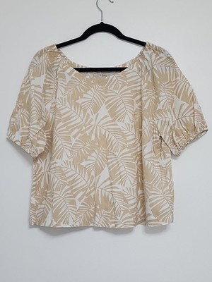Loft Leaf Print Linen Blend Short Sleeve Blouse Size M Beige/White Tropical 