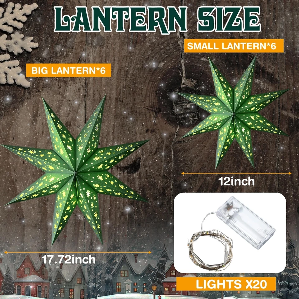 12 Pcs Christmas Paper Star Lantern 8 Points Sage Green Hanging Ornament 3D N... - Image 3 of 4