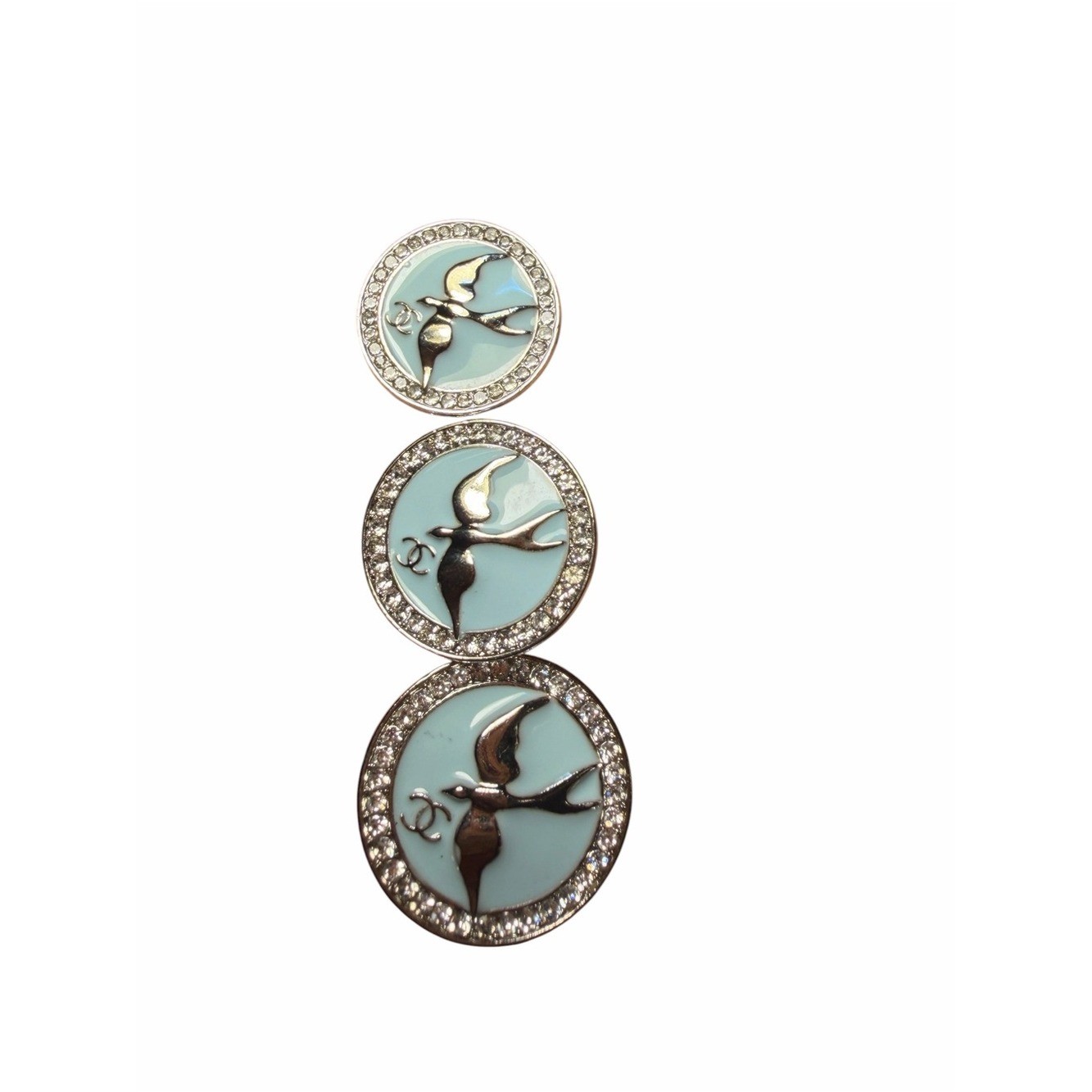 CHANEL Light Blue Enamel Bird CC Crystal-Trim Button Set 4
