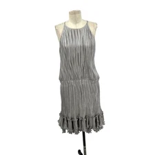 HALSTON Pleated Metallic Dress In Silver Metallic Size 12