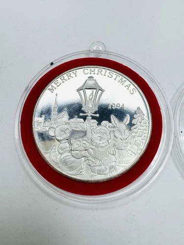 1994 Merry Christmas Peace on Earth .999 Silver Medal Round Mice & Bunny Sweet!