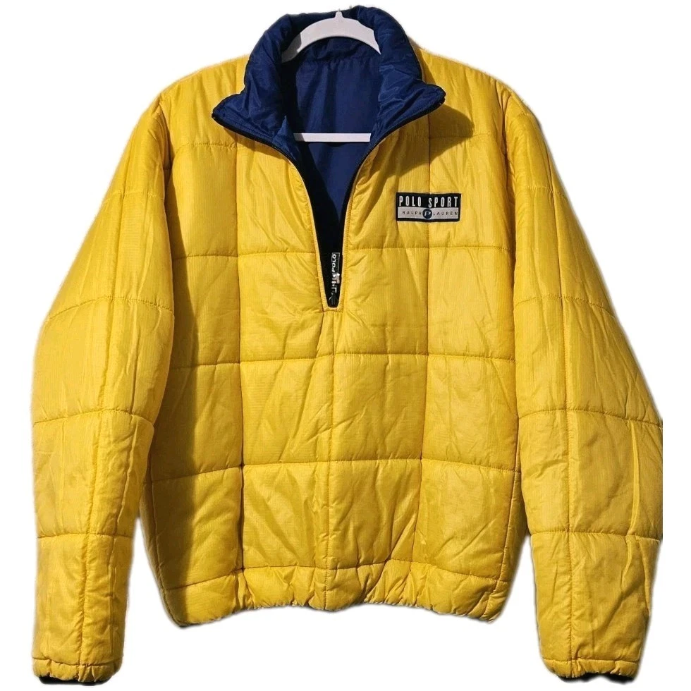 Polo Sport Lauren Puffer Jacket Reversible Yellow Mens S Small Vintage 1990s
