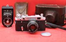 1962 FED-2 Rangefinder 35mm Camera, Industar-61 Lens, Leather Case & Exp. Meter