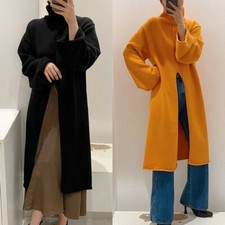 Abito Midi Donne Maglione Tricot Collo Alto Maniche Lunghe Spacco Caldo Casual