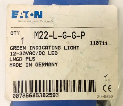 EATON MOELLER M22 L G G P Green Indicating Pilot Light 12-30 VAC VDC LED ON Run 
