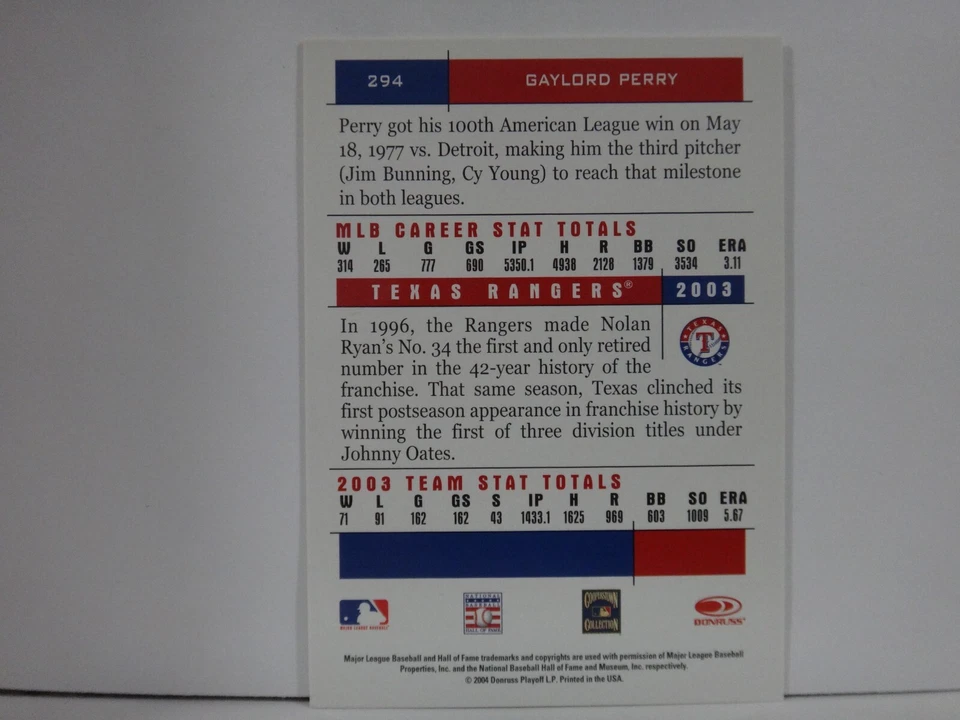 2004 (RANGERS) Donruss Team Heroes #294 Gaylord Perry Rgr - Image 2 of 2