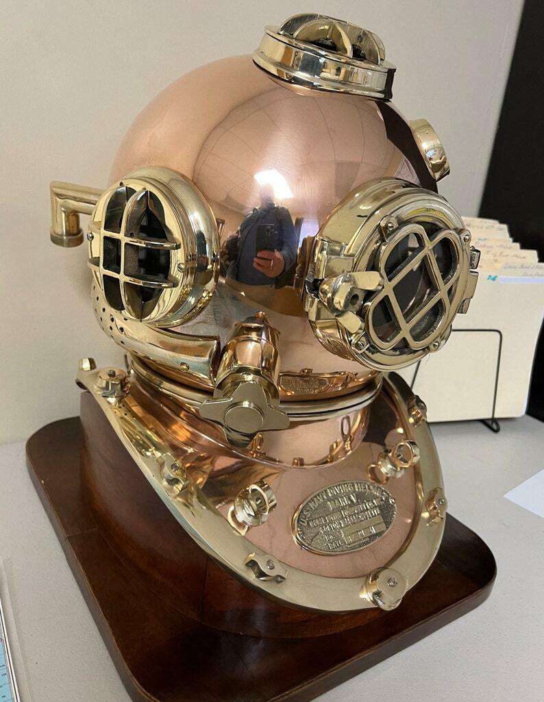 Mark V US Navy Full Size Copper and Brass Diving Helmet with Wooden ...