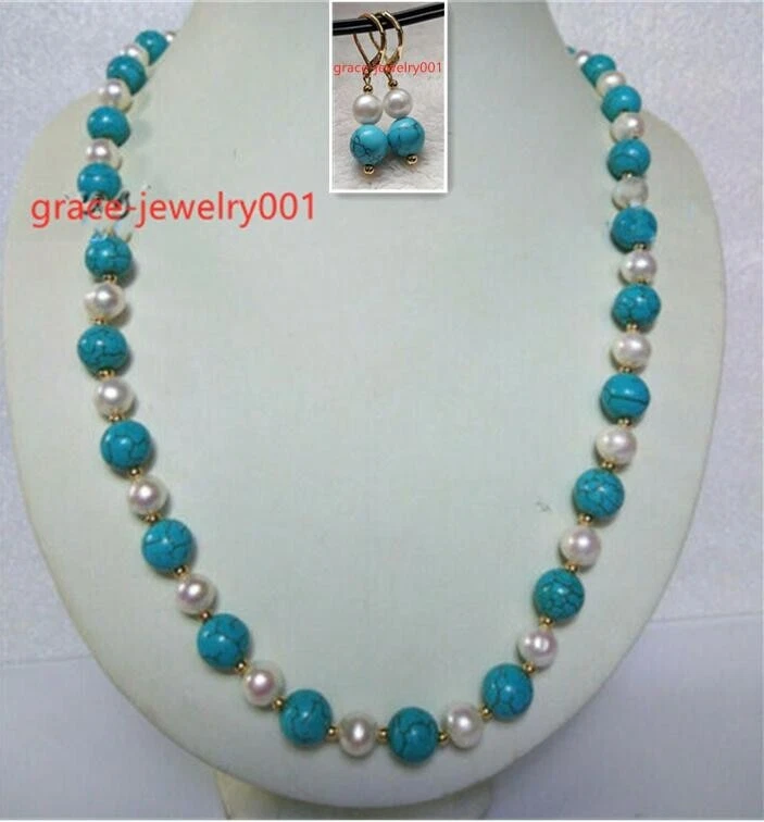 JUEGO DE PENDIENTES COLLAR PERLAS BLANCAS TURQUESA AAA MAR SUR NATURAL 7-8mm Foto 3 de 4