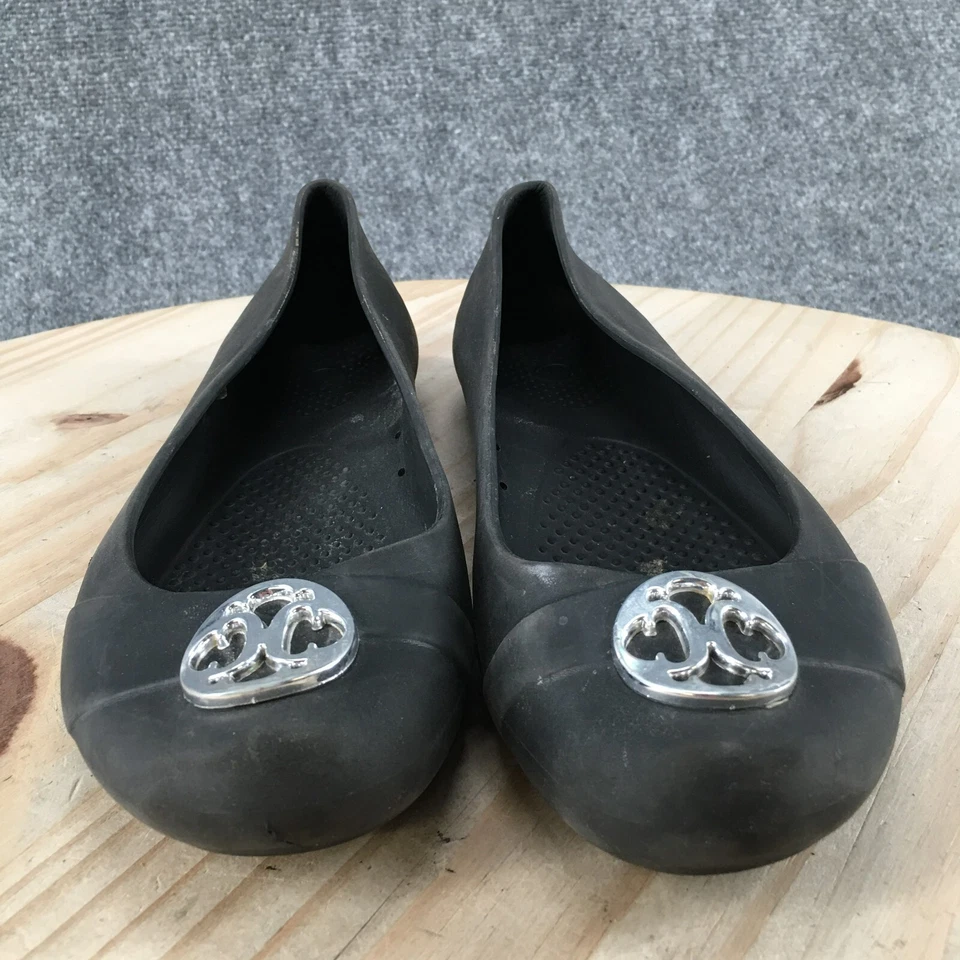 Crocs Zapatos Mujer 7 Ballet Pisos Negro Goma Cómodo Punta Redonda Acento Plateado Foto 4 de 4