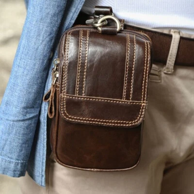 Hommes Cuir Véritable Taille Sac Petit de Vache Téléphone Pochette Étui Retro - Photo 1/4