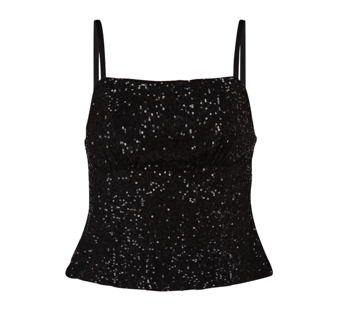 Black Sequined Spaghetti Strap Waist-Crop Tank Top