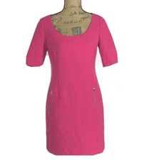 Ann Taylor Dress 2 Hot Pink Sheath Short Sl Gold Zip Pocket Party Career Church
