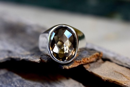 Solid 925 Sterling Silver Natural Brown Smoky Quartz Gemstone Signet Men's Ring - Picture 4 of 8