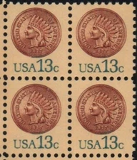 US Indian Head Penny 13c Stamp Block of 4 Scott #1734