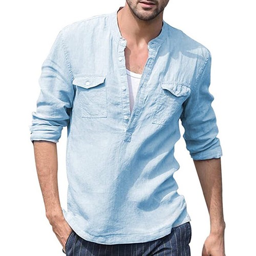 Hombres Algodón Lino Informal Manga Larga Bolsillo Blusa Camisa Pullover Prendas para el torso Camisetas Camisa - Imagen 7 de 15