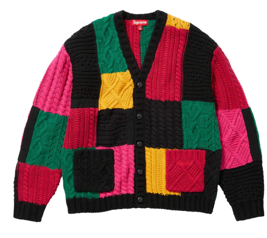 Cardigan en tricot câble patchwork Supreme noir moyen FW23 livraison gratuite