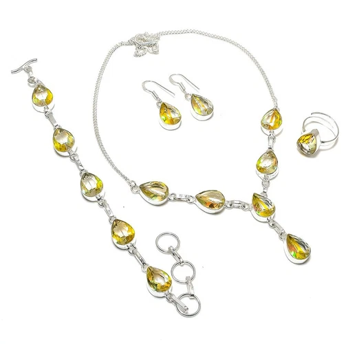 Yellow Mystic Topaz Gemstone Ethnic 925 Sterling Silver Necklace Jewelry Set J07