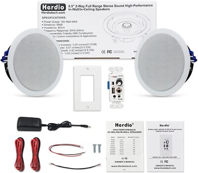 Herdio 6.5'' Bluetooth Ceiling Speakers Flush Mount +Wall Amplifier Bedroom
