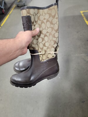 COACH Rain Boots Beige/Brown Canvas Rubber Gently Worn Women s Sz 7