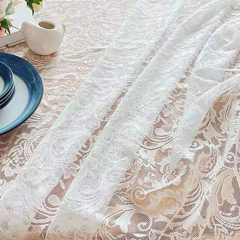 White Vintage Embroidered Floral Lace Tablecloth Rectangular Table Cover Wedding - Image 2 of 4