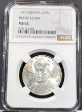 1970 AUSTRIA SILVER 25 SCHILLING COMPOSER FRANZ LEHAR NGC MS 64 BU TOP POP