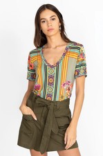 Johnny Was Hunter Favorite Short Sleeve Floral Tee Shirt Green Yellow Top S NEW