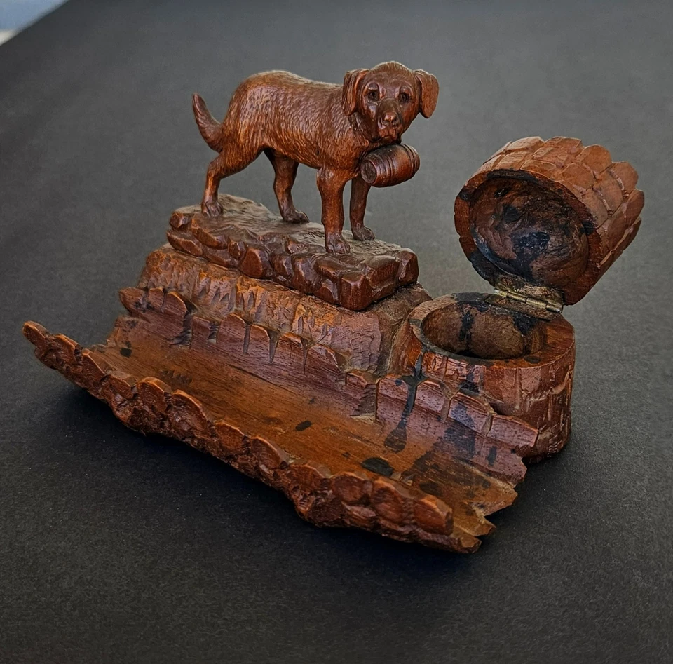 Tintero antiguo para perro San Bernardo tallado a mano de la Selva Negra del siglo XIX Foto 2 de 4