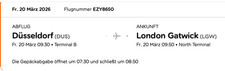 Flüge Easyjet Düsseldorf - London Fr 20.03.- So 22-03.26 mit großem Handgepäck