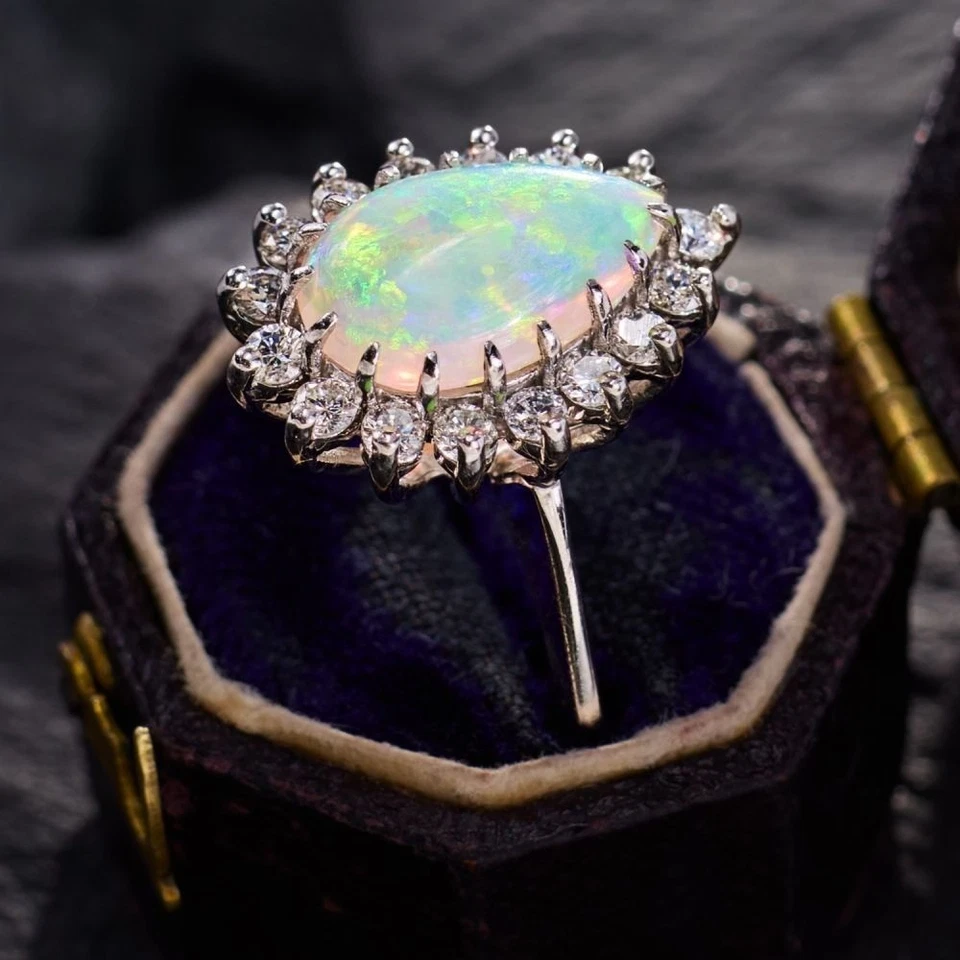 Anello da cocktail con pietre preziose opali naturali da donna e anello in... - Immagine 3 di 4