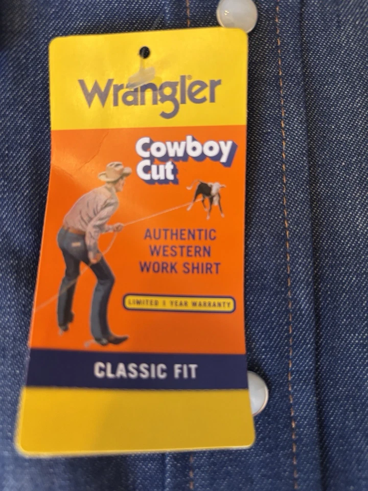 НОВЫЙ! Мужская БОЛЬШАЯ однотонная темно-синяя ковбойская рабочая рубашка Wrangler из нержавеющей стали с жемчужной застежкой 037 - Изображение 3 из 4