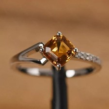 Cushion Cut Simulated Yellow Citrine Women's Band Ring In 14k White Gold Plated