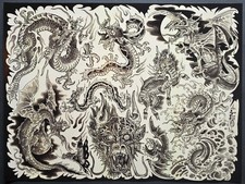 2018 Original Tim Lehi Traditional Tattoo Flash Sheet, Stamped Dragons 18X24