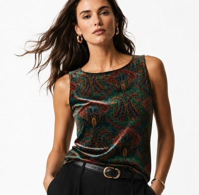 Vintage 90s Chicos Design Velvet Paisley Tank Top Womens L Jewel Tone Shell USA