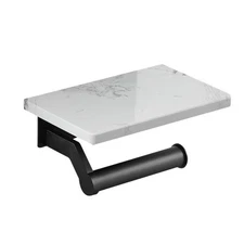 Matte Black Aluminum Toilet Paper Holder with White Natural Marble Shelf, Wal...